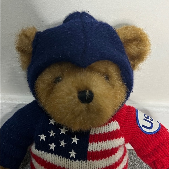 Vintage 1990s Celebrate USA Teddy Bear Plush Red White Blue Knit Sweater Hoodie - Picture 4 of 4